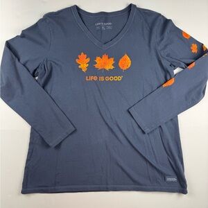 Life Is Good Women's Blue Long Sleeve Tee with Orange Leaf Design